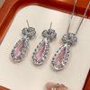 Accessories Set Earrings Necklace Pink Zirconium Paraiba Emerald Droplet Female Light Luxury