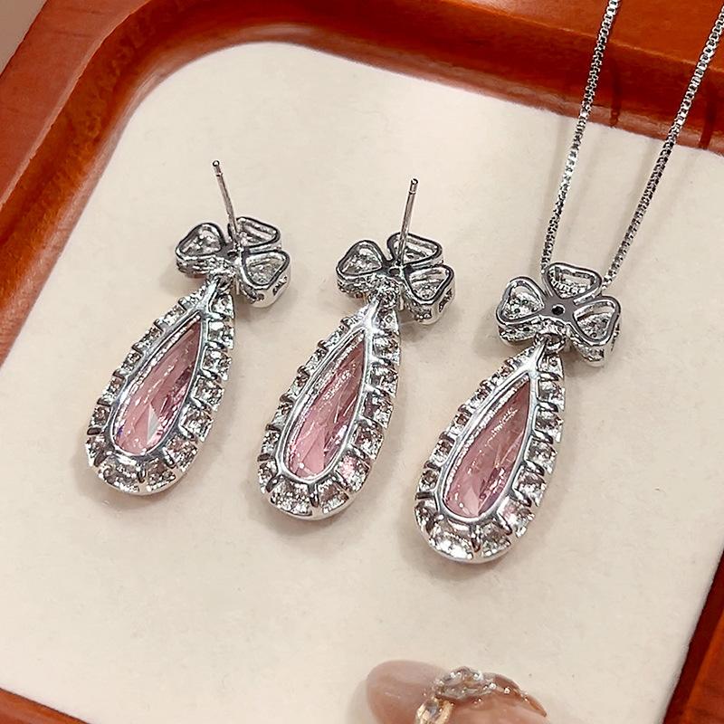 Accessories Set Earrings Necklace Pink Zirconium Paraiba Emerald Droplet Female Light Luxury