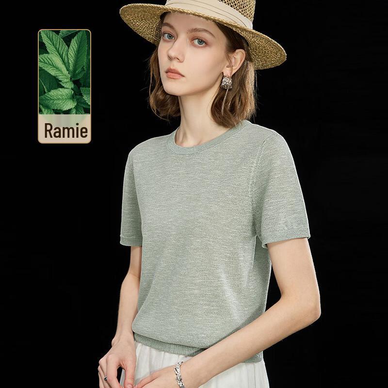 Women s Linen Blend Breathable Knitted Short Sleeve T-shirt XL светло-зеленый