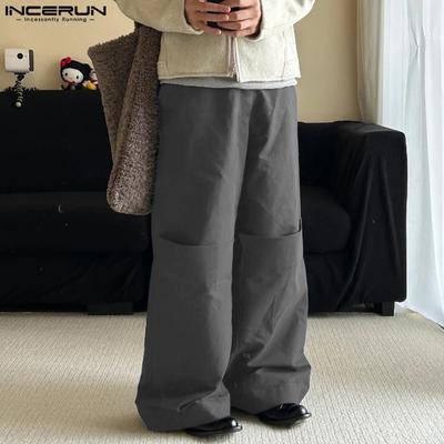 Men Loose Wide Leg Pants Elastic Waist Patchwork Casual Long Trousers