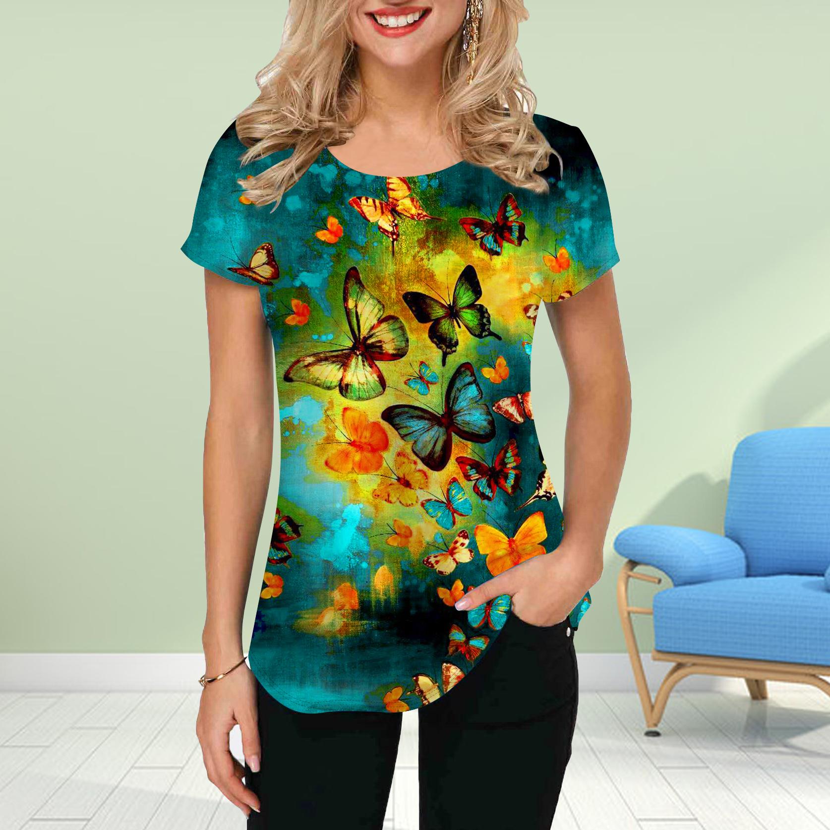 

Модная женская футболка с принтом танцующих бабочек, забавная повседневная футболка с круглым вырезом и короткими рукавами, летняя женская футболка 8XL разноцветный