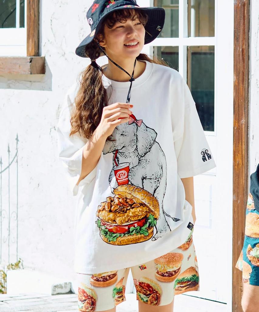 [go Slow Caravan] 341963 DOMDOM×gsc Miso Peach Chicken Burger Elephant BIG TEE White L