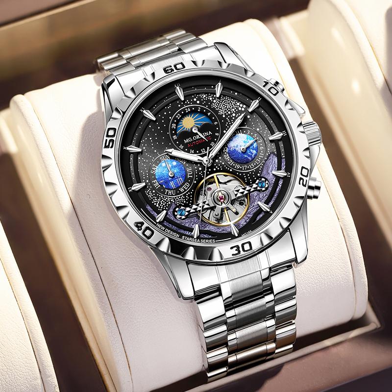 New Men's Stainless Steel Mechanical Watches, 3 ATM Waterproof Luminous Hand Blue Sport Watch, Moon Phase Wrist Watch,Male Clock
