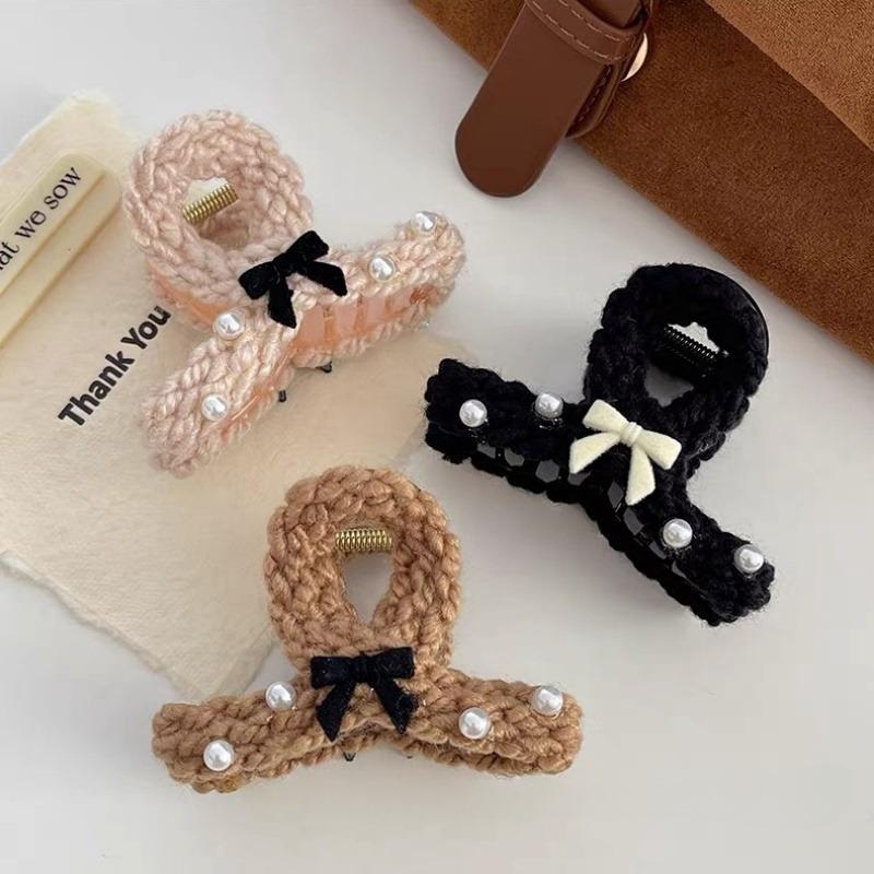 Elegante handgemachte Strickgarn-Bögen Haarklammern Damen Haarschmuck Koreanische mittelgroße Perlenspange Herbst Winter Kopfbedeckung