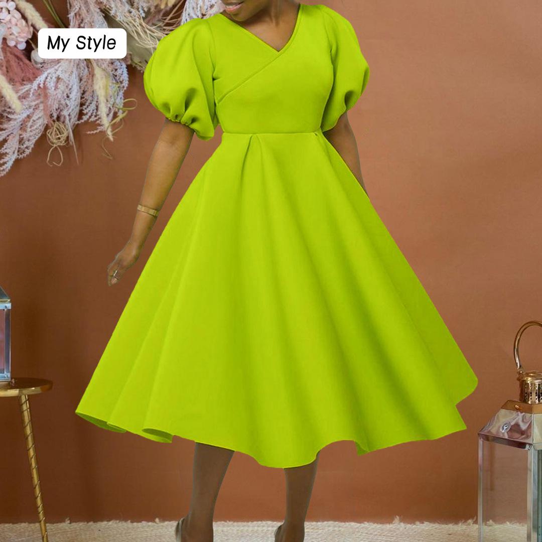 

Женское модное однотонное платье большого размера, элегантное цельное платье с v-образным вырезом и пышными рукавами