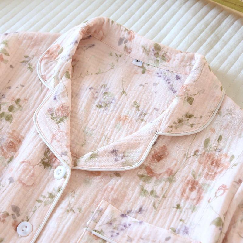 Women's Spring And Autumn Pajama Set Cotton Crape Cloth Flower Collar Long Sleeve Two Piece Set Large Home Clothes