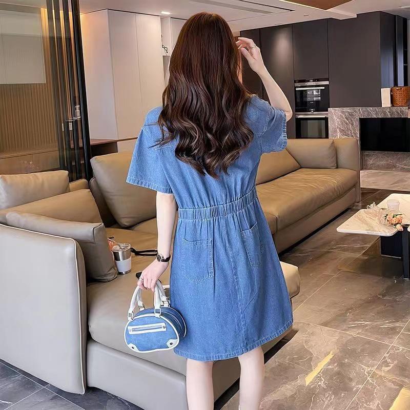 

Women s High-End Retro Hong Kong-Style Denim Dress, Summer Slim-Fit, Waist-Cinching A-Line Design Medium синій