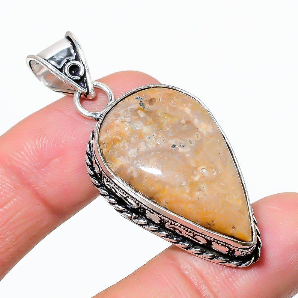 Fossil Coral Gemstone Handmade 925 Sterling Silver Jewelry Pendant 1.97" b9E47