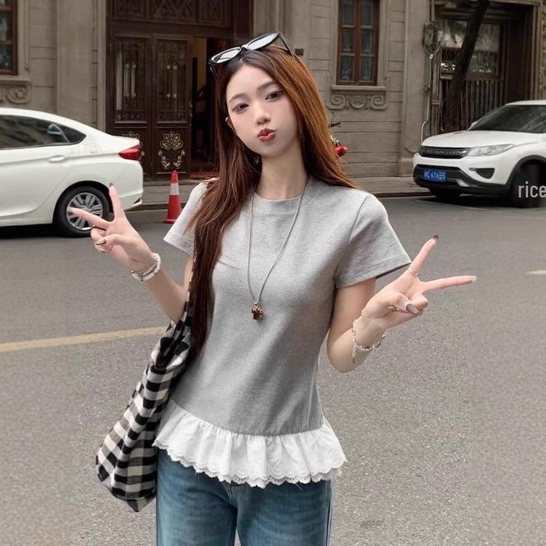 

Women s 2025 Summer Slim Fit Color-Block Lace Patchwork T-Shirt Large белый