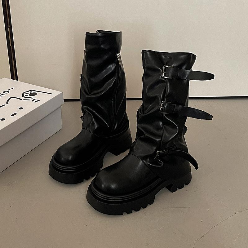 

Нишевые ретро ботильоны с круглым носком и толстым каблуком средней и высокой высоты 2025 осень-зима западные ковбойские ботинки ботинки-чулки рыцарские ботинки французские женские ботинки 35