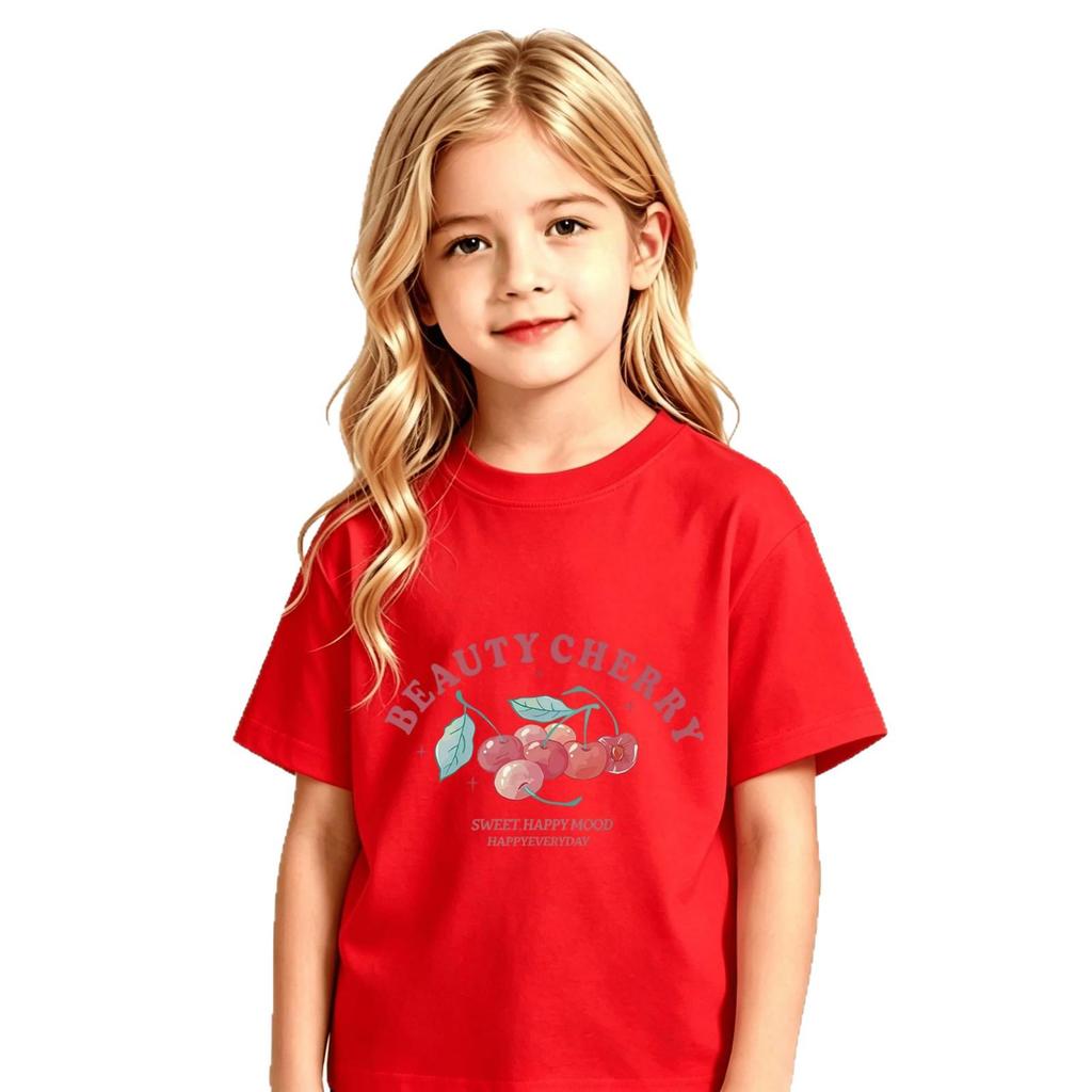 Cherry Print Short Sleeve T-shirt for Boys & Girls - Summer Round Neck Top