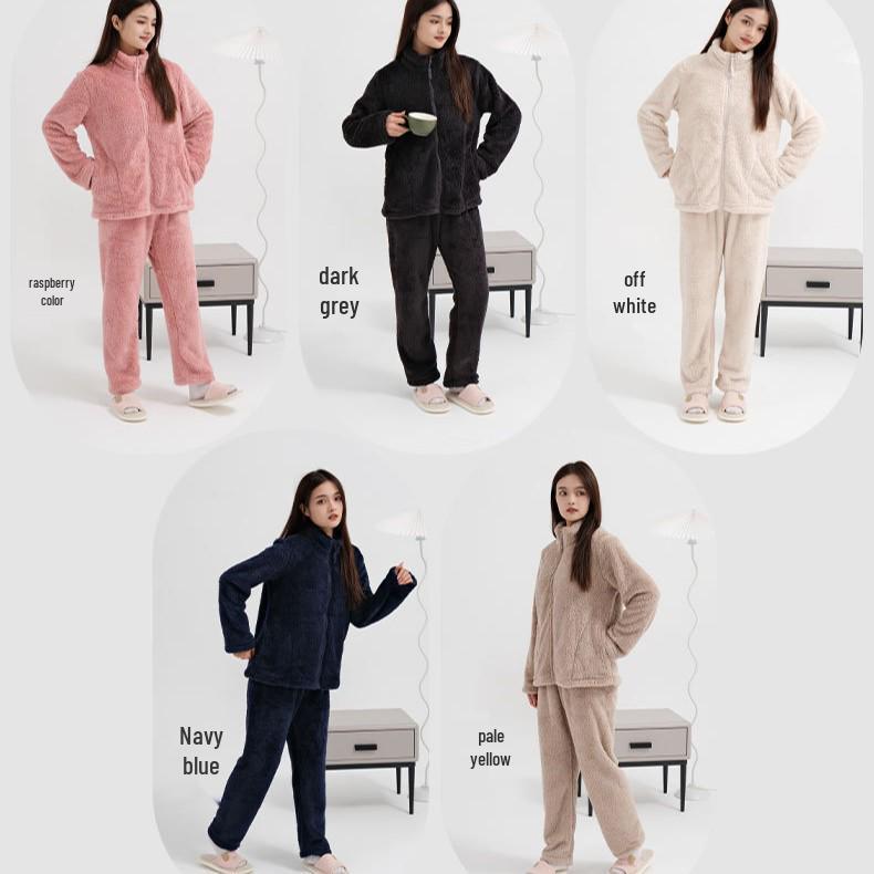 Damen Kuscheliger Korallfleece Pyjama Set - Dick, Locker, Hoher Kragen, Perfekt für Herbst und Winter.