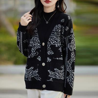 V-neck Ink Jacquard Lazy Wind Sweater Women's Autumn and Winter Loose Knitted Cardigan Design Jacket