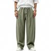 Men’s All-Season Lightweight Linen Trousers with Colour-Blocked Elasticated Waistband, Loose-Fit Curved-Leg Casual Trousers