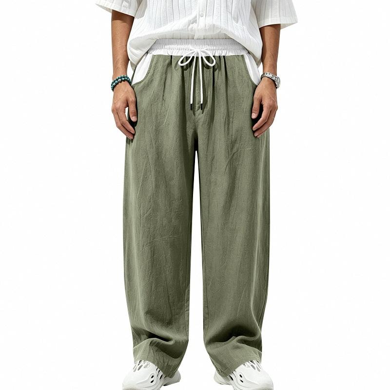 Men’s All-Season Lightweight Linen Trousers with Colour-Blocked Elasticated Waistband, Loose-Fit Curved-Leg Casual Trousers