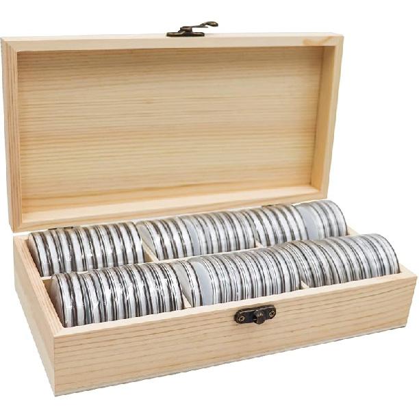 Деревянный держатель для монет 20-46 мм, 60 шт. Высокопрозрачные капсулы для монет с пенопластовой прокладкой, Кейс-держатель для коллекционера монет, Профессиональный кейс для хранения монет 60+wood Color