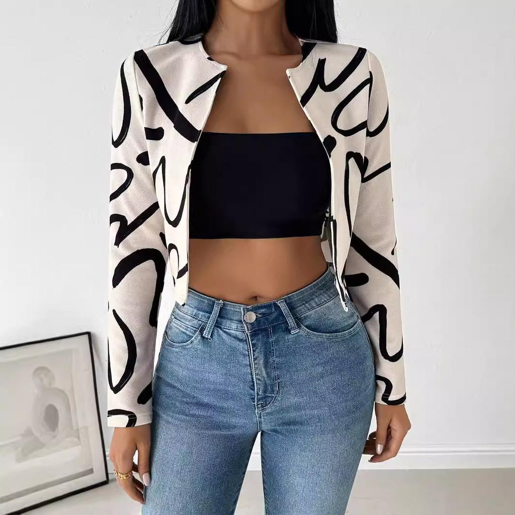 Women Spring Autumn Casual Long Sleeve Printed Short Jacket Coat