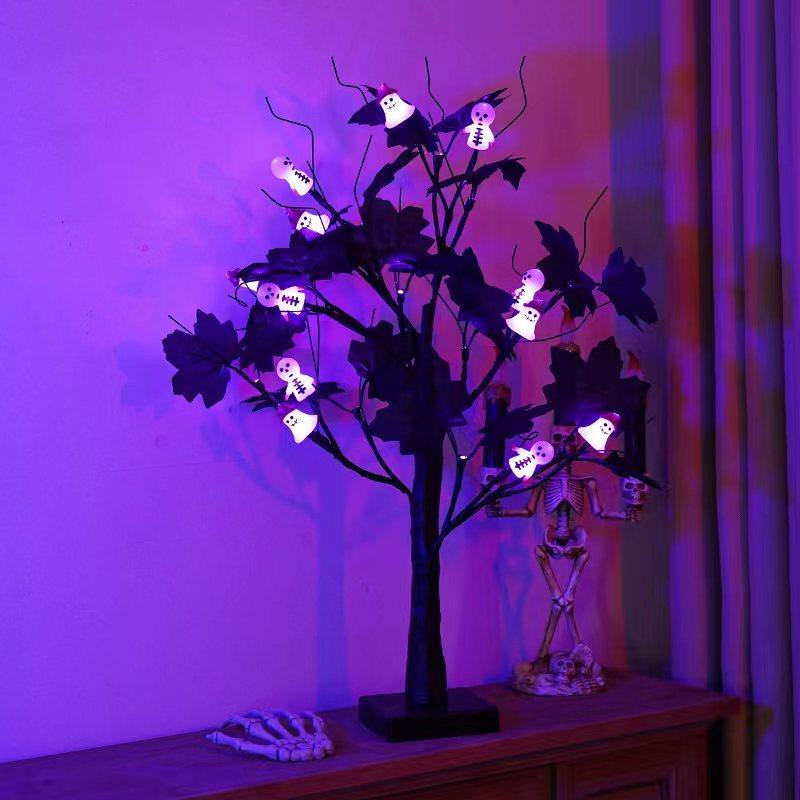 LED Purple Lighted Halloween Artificial Birch Tree Light DIY Black Branches Tabletop Lamp Spooky Home Party Festival Halloween Decor