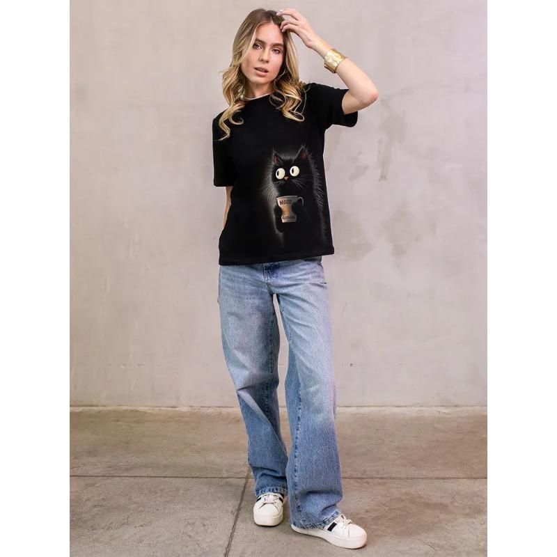 Top de vară cu gât rotund și imprimeu 3D cu pisică, tricouri de damă la modă și casual cu mânecă scurtă