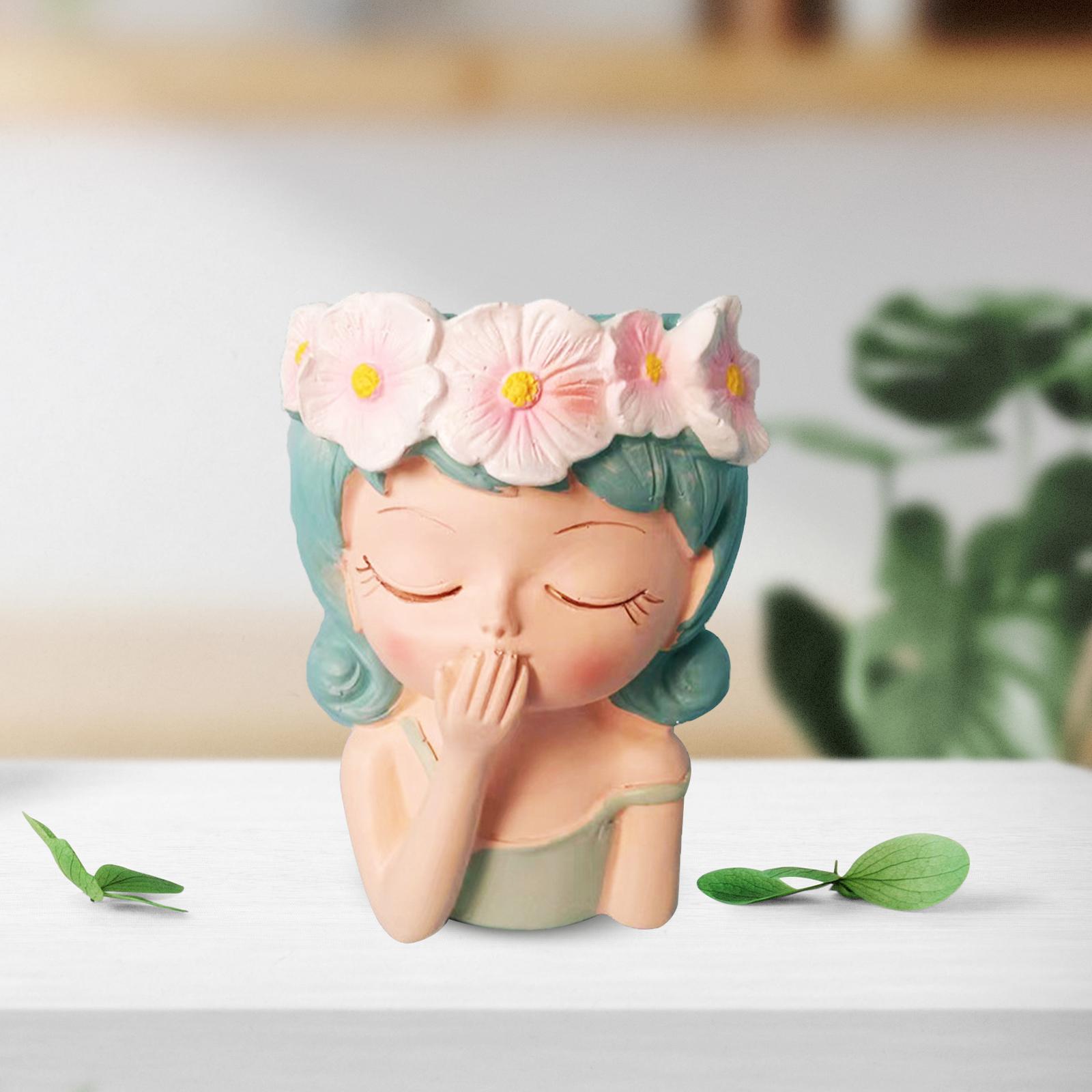 

Planter Pot Girl Face Planters Art Crafts Figurine Ornament Desk Resin Flowerpot for Restaurant Bookshelf Living Room Cafe