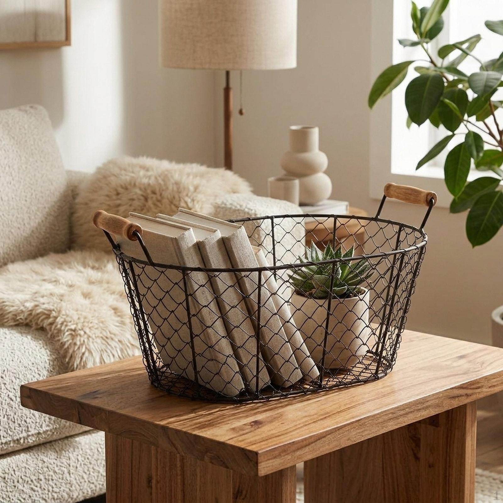 Wire Basket for Storing Food, Picnic Basket, Handmade, Versatile with Wooden Handle Picnics,