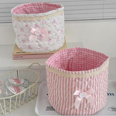 1PC Cute Love Heart Storage Box Quilting Cotton Bow Desktop Storage Basket Large-capacity Round Storage Frame Home Decoration