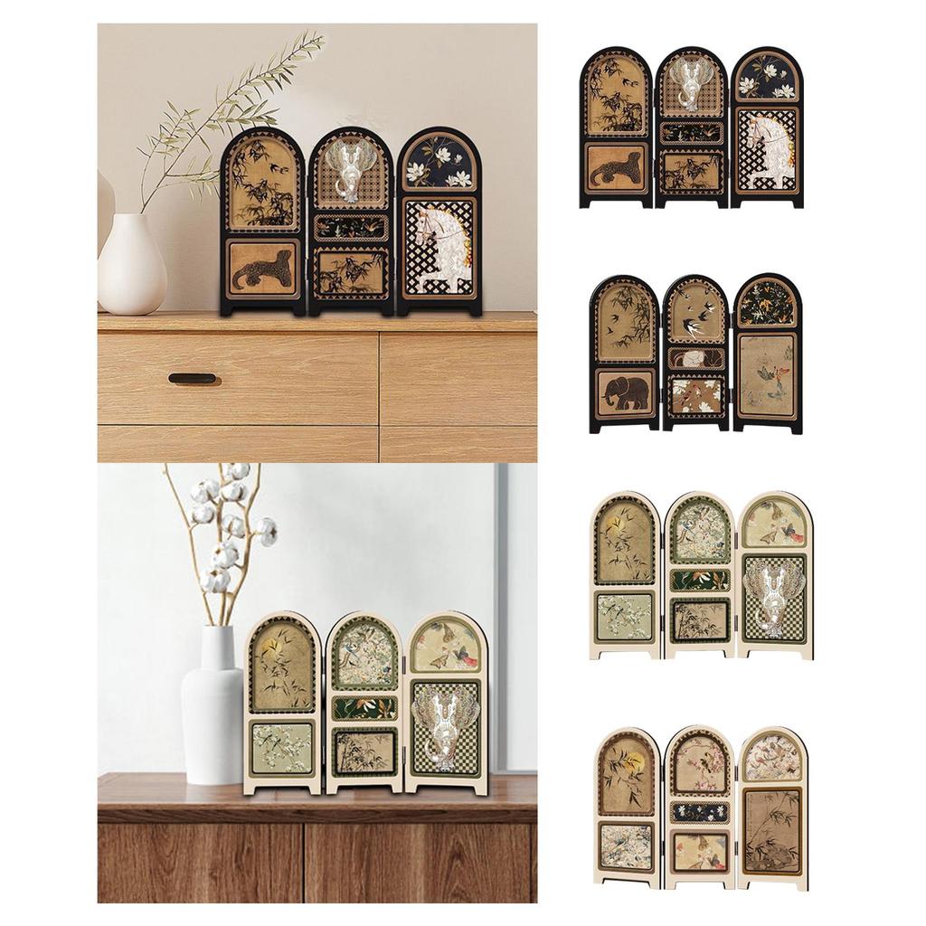 Chinese Design Screen Decoration Collectible Crafts Desk Partition 3 Panel Divider for Office Fireplace Countertop Dining Room