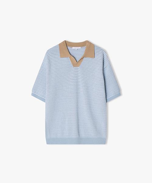 [25Ss] Llm51540 Sky Blue Cleric Open Collar Half Knit Top 95
