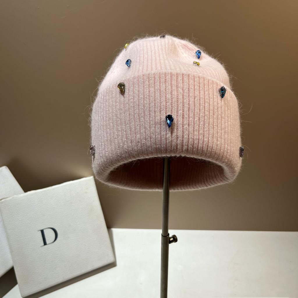 Paris Colored Diamond Light Luxury Winter Rabbit Fur Knitted Hat Personalized Youth Colorful Sweet Cool Design Wool Hat