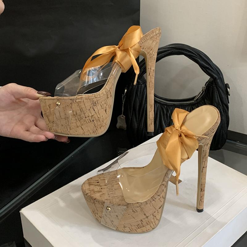 Fashion Liyke New Sexy Yellow Silk Ankle Strap Platform Sandals Women 16CM Transparent Shoes Stiletto Peep Toe Party Club Stripper Heels