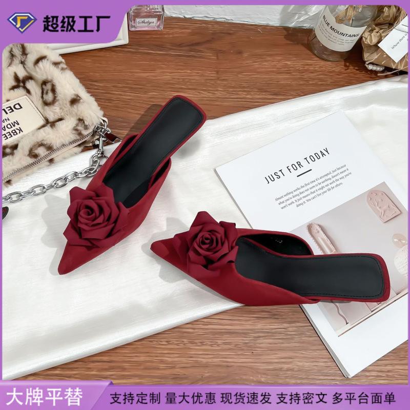 French Pointed Single Shoes Camellia Bag Head Cool Slippers Women's Summer Versatile Muller Shoes Women's 2025 Casual High-heeled Sandals