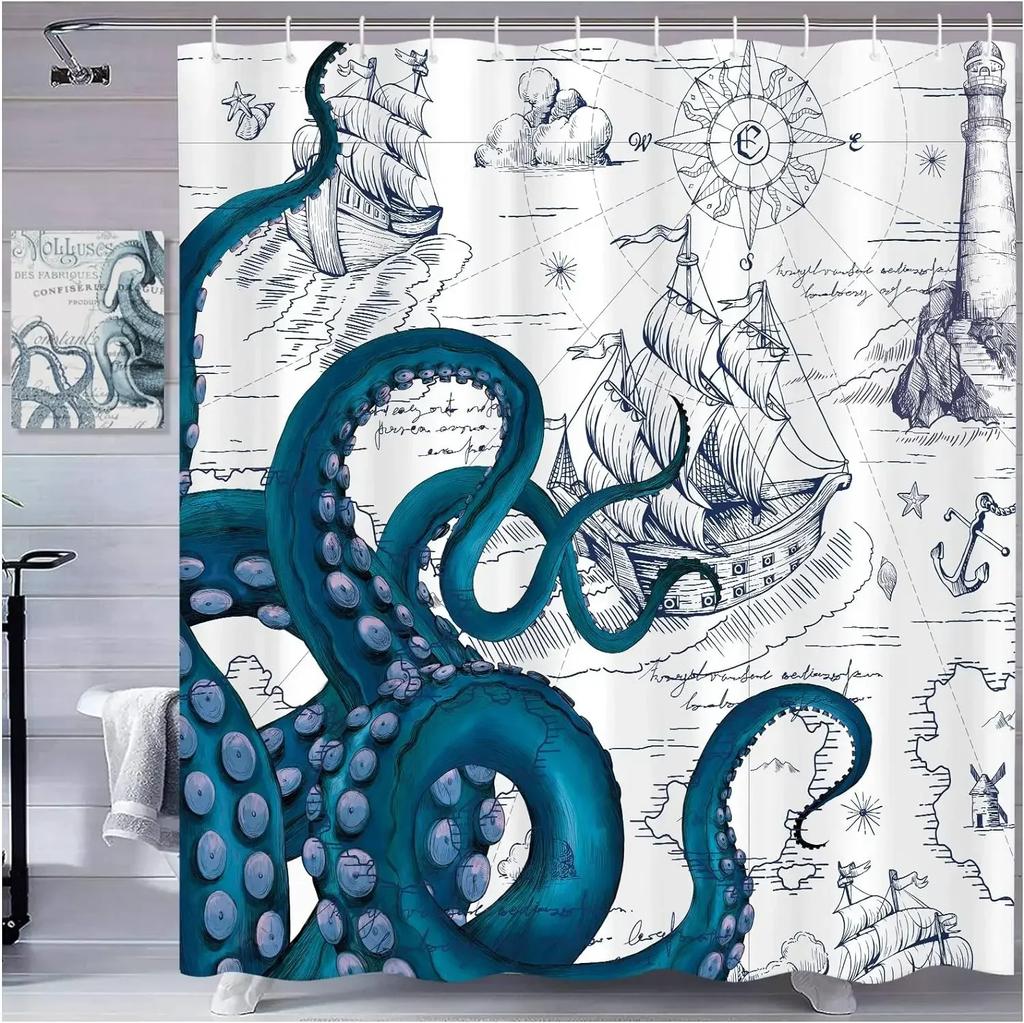 Vintage Nautical Octopus Shower Curtain Blue Mermaid Funny Ocean Kraken Anchor Coastal Map Polyester Fabric Bath Curtain Decor