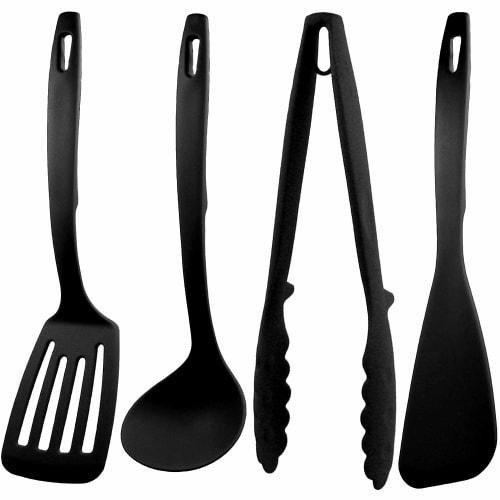 Nagao Tsubame-Sanjo Kitchen Utensil Set (4 Pieces): Spatula, Ladle, Tongs, and Spatula, Black, Made In Japan
