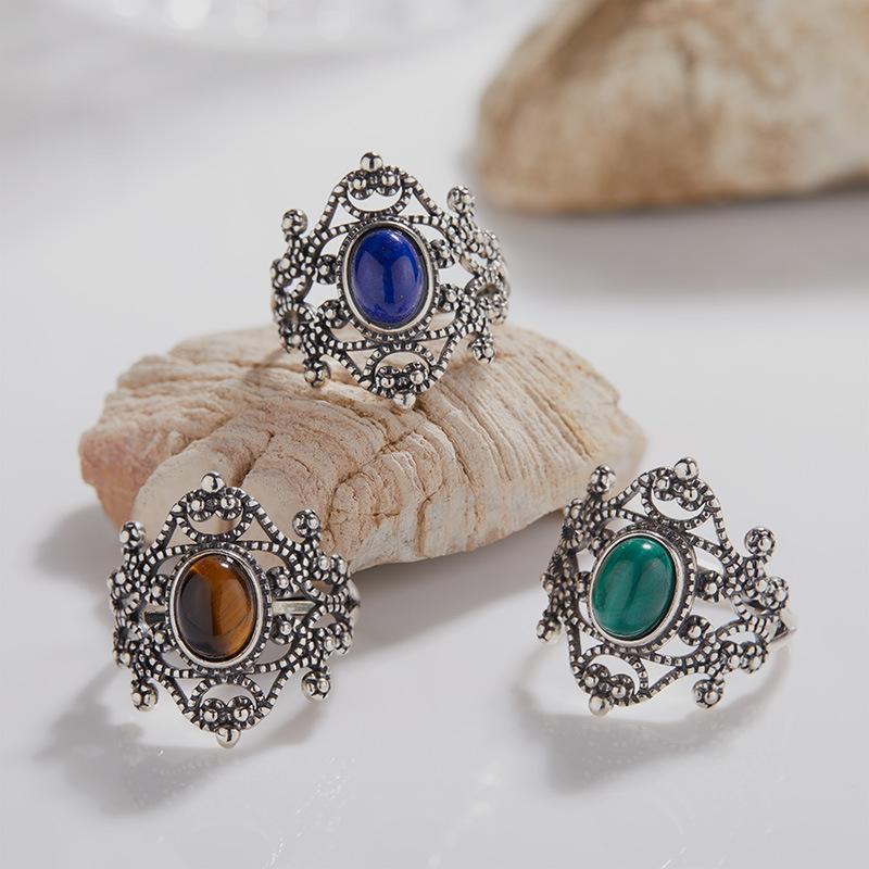 S925 Retro Thai Silver Natural Colored Treasure Ring, Personalized Hollow Lace Pattern Adjustable Open Index Finger Couple Ring