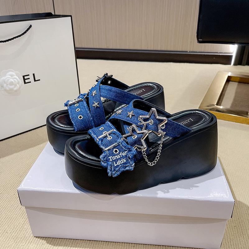 

Subculture muffin platform shoes female millennial babes y2k metal bone lolita dark goth punk slippers 35 темно-синий