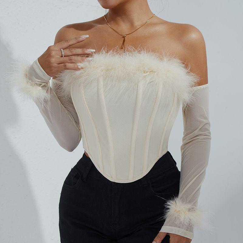 

Elsa European and American Women s Clothing Fashion Elegant Feather Fishbone Diamond Silm Long Sleeves Strapless Sexy Tube Top Easiest for Match Tops Apricot L