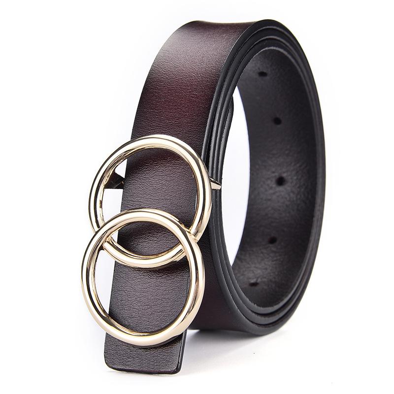 European and American spot popular belt women's and women's leather smooth buckle versatile double circle round buckle leather belt