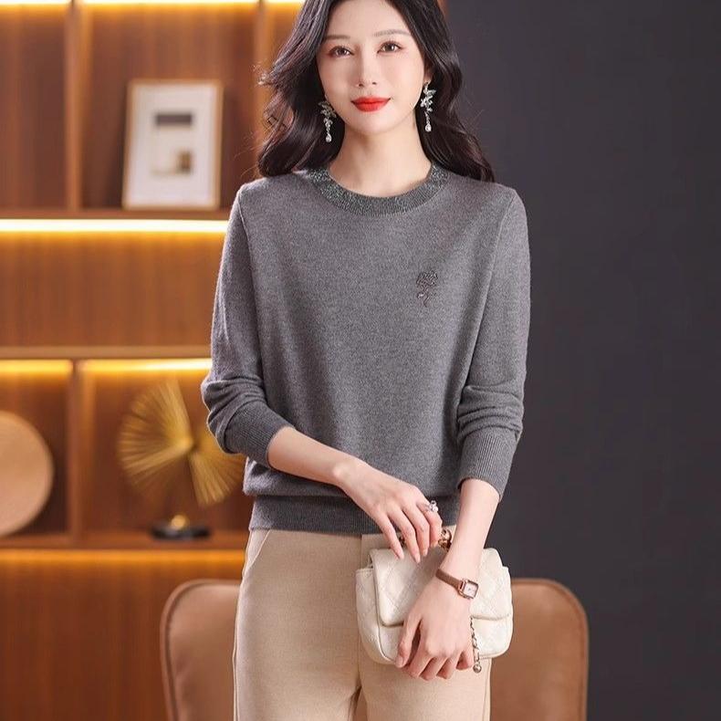 Women's Crew Neck Knit Sweater Spring and Autumn Loose Thin Knit Pullover Rhinestone Soft Knit Top