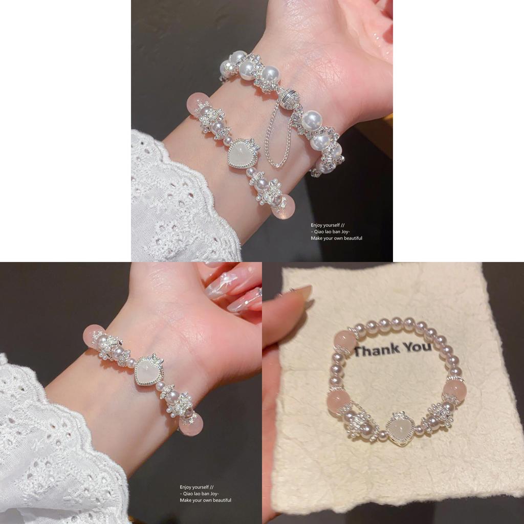 Pearl Crystal Heart Bead Bracelet With Stretchy Design For Women Gift