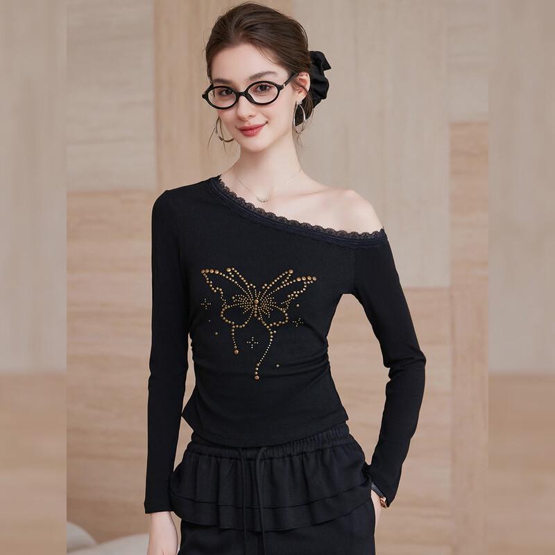 Bailuyu Women s Asymmetric Neck T-Shirt with Lace Trim M