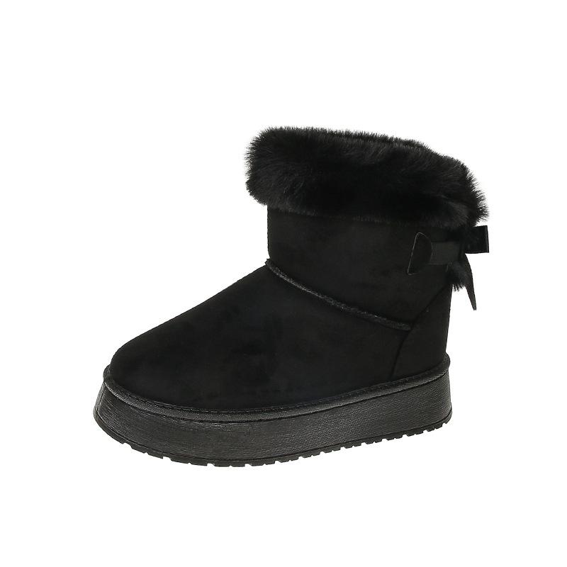 Winter Thick Soled Velvet Women's Snow Boots Hairy Mouth Warm Bow Decoration Ankle Boots Casual Beige Black Women's Boots