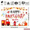 Playful Fireman Birthday Backdrop, Bright Red and Yellow Design with Fire Truck and Firefighter Elements, Festive Kids' Party Wall Decor