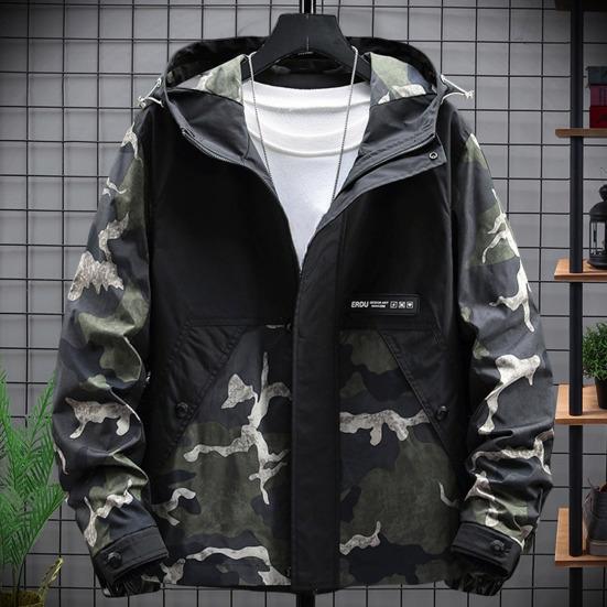 Men Hoodie Jacket Camouflage Patchwork Loose Windbreaker Spring Autumn Washable Zipper Outwear Streetwear