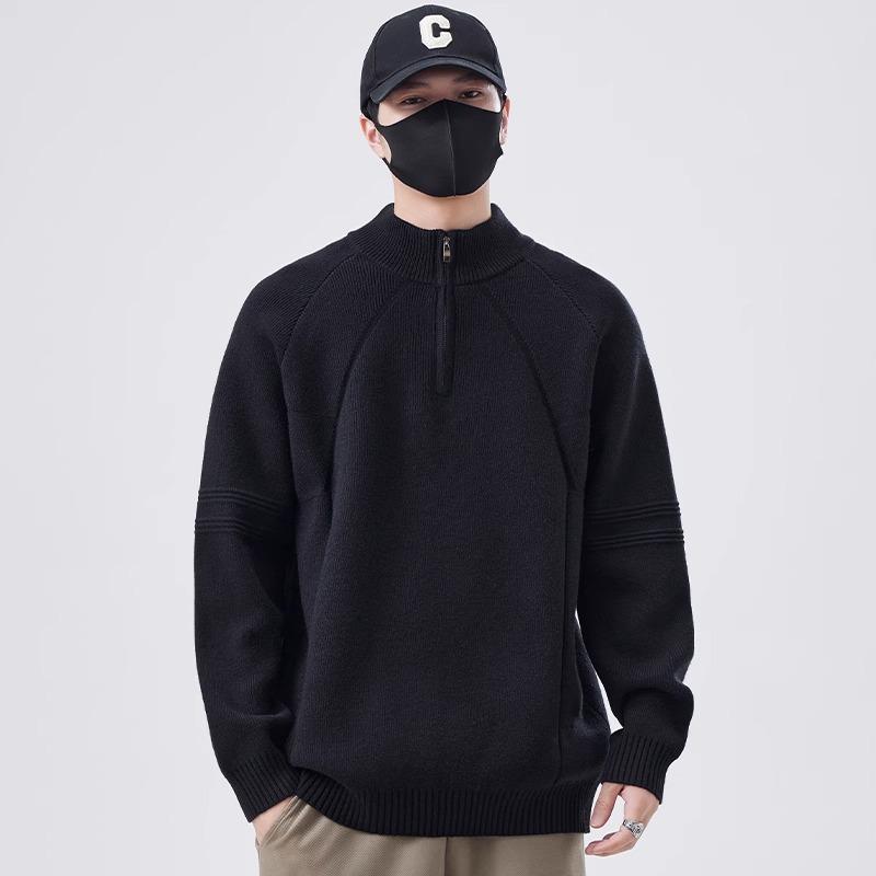 Men s Patchwork Half-Zip Knit Sweater - Autumn/Winter Relaxed Fit L