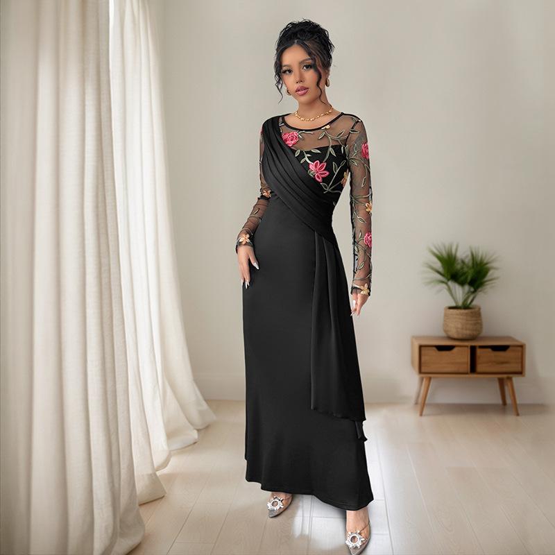 2025 Autumn New Retro Temperament Round Neck Mesh Embroidered Long-sleeved Dress for Women
