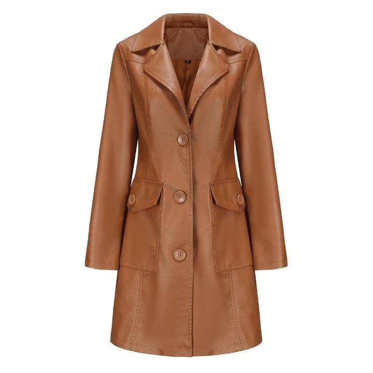 Slim Fit Womens Leather Jacket Fashion Outerwear Lapel Collar Zipper Long Sleeve for Fall Winter S