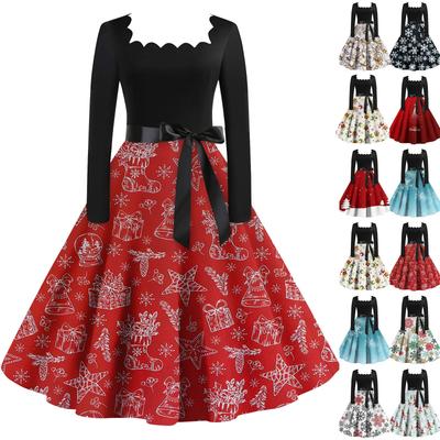 Women's Fashion Vintage Long Sleeve Square Neck Christmas Printed Evening Party Dresses Dresses