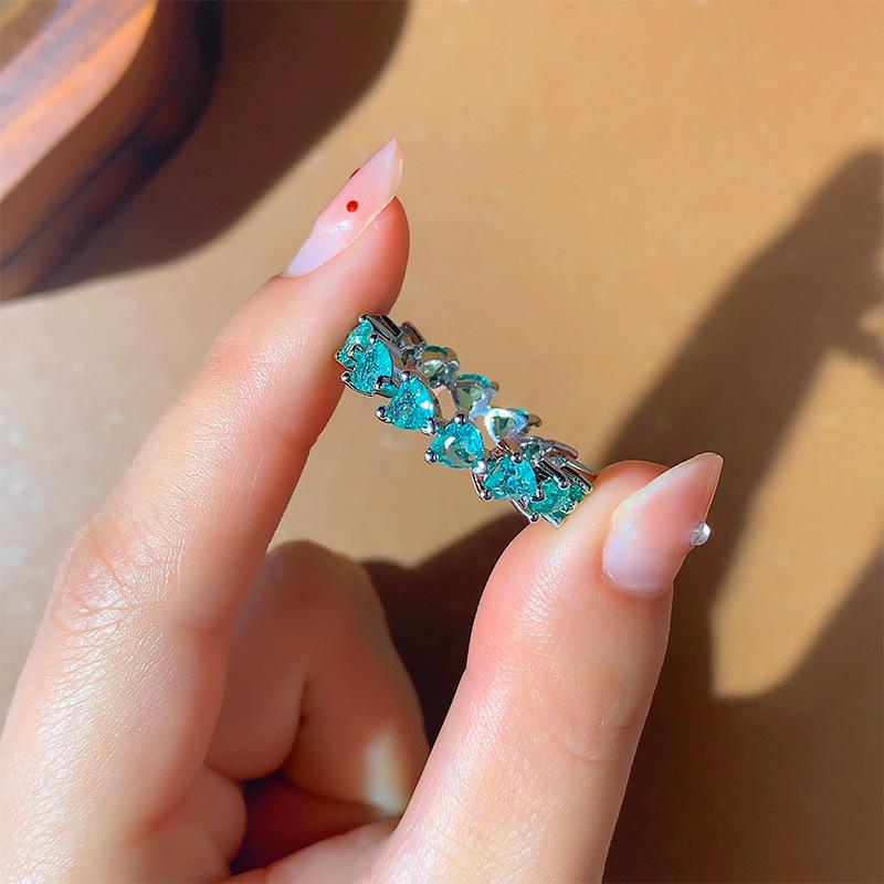 Luxury Emerald Paraiba Tourmaline Love Ring For Women  Silver Fashion Full Paved Heart CZ Eternity Jewelry Party Bridal Gift