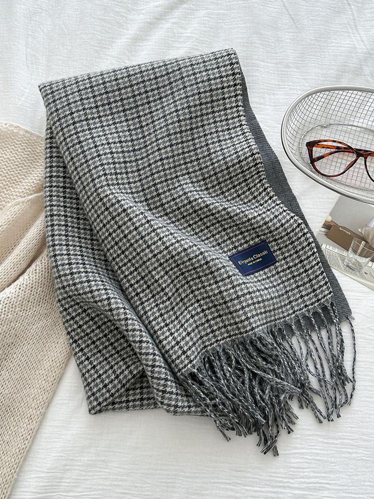 Women'S Imitation Cashmere Retro Houndstooth Knit Scarf Headscarf Casual Tassel Scarve Ladies Mujer Wrap Shawl Winter New Korean