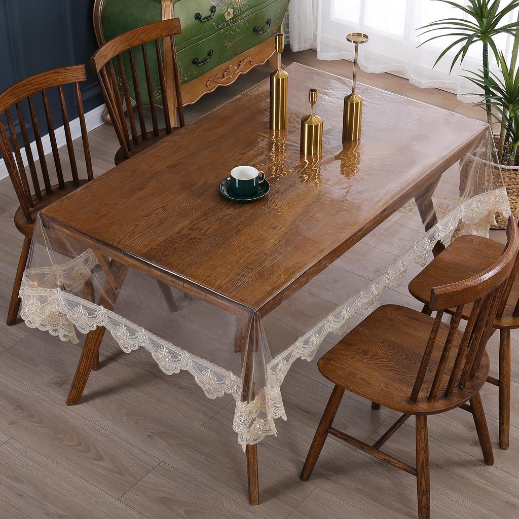 PVC Waterproof Soft Glass Transparent Dining Table Cloth Birthday Tea Table Set Rectangular Party Embroidery Lace Decoration
